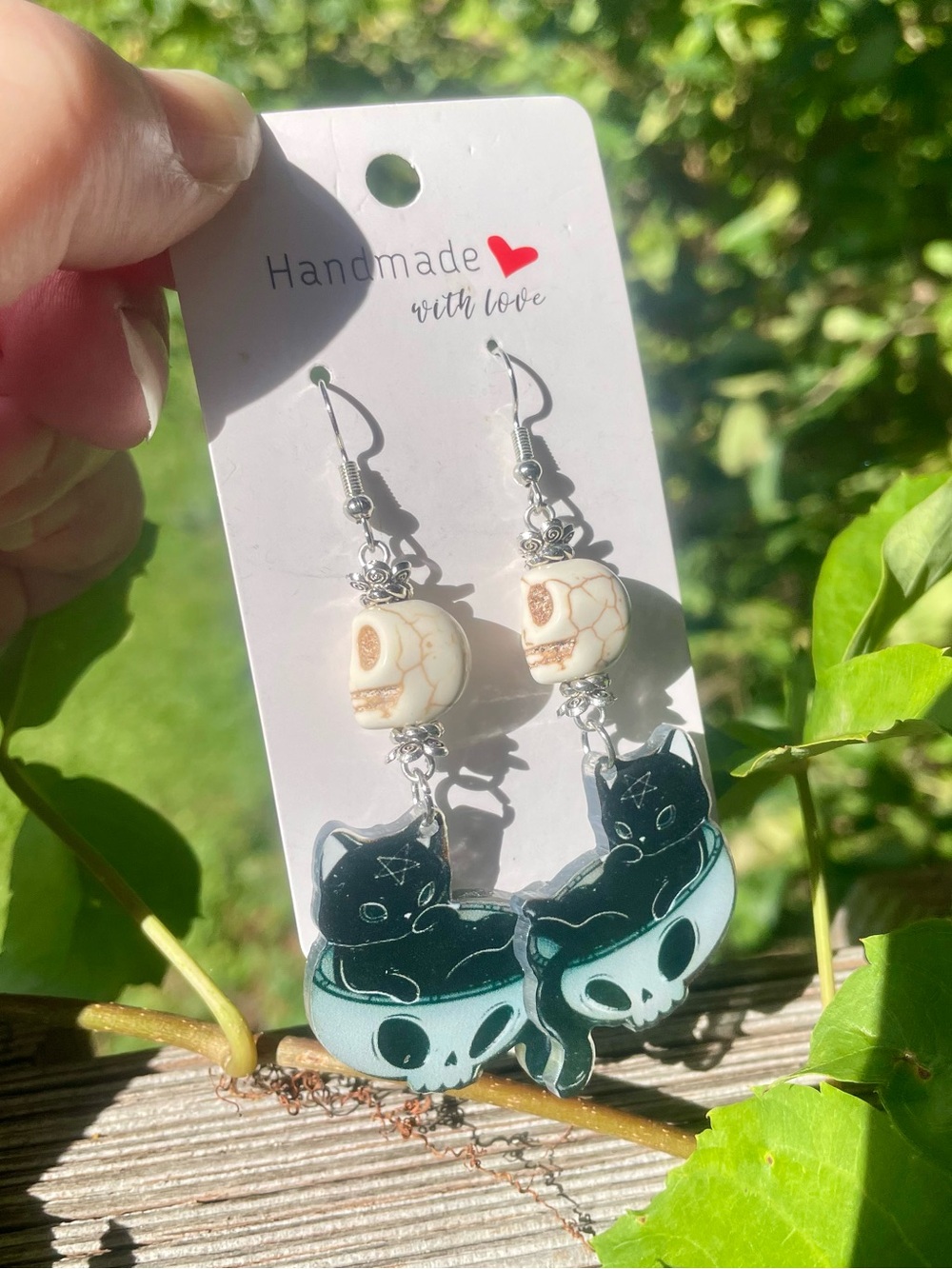 Hand Crafted Black & Cream Cat Skull Dangle Earrings